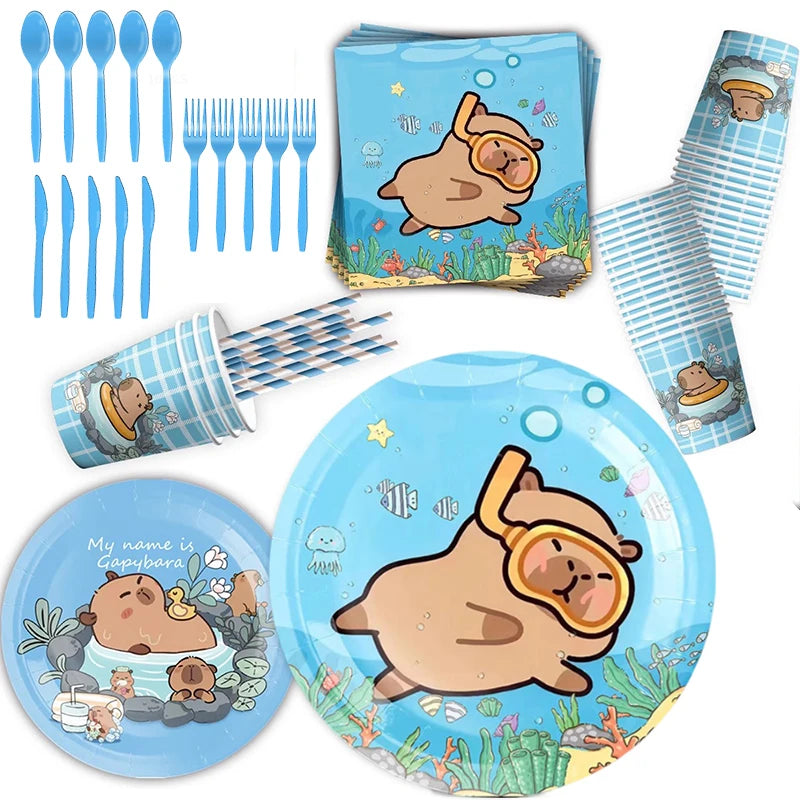 Capybara Theme Disposable Tableware Set Cartoon Capybara Tablecloth Cups Plates Napkin Happy Birthday Banner Kids Party Supplies