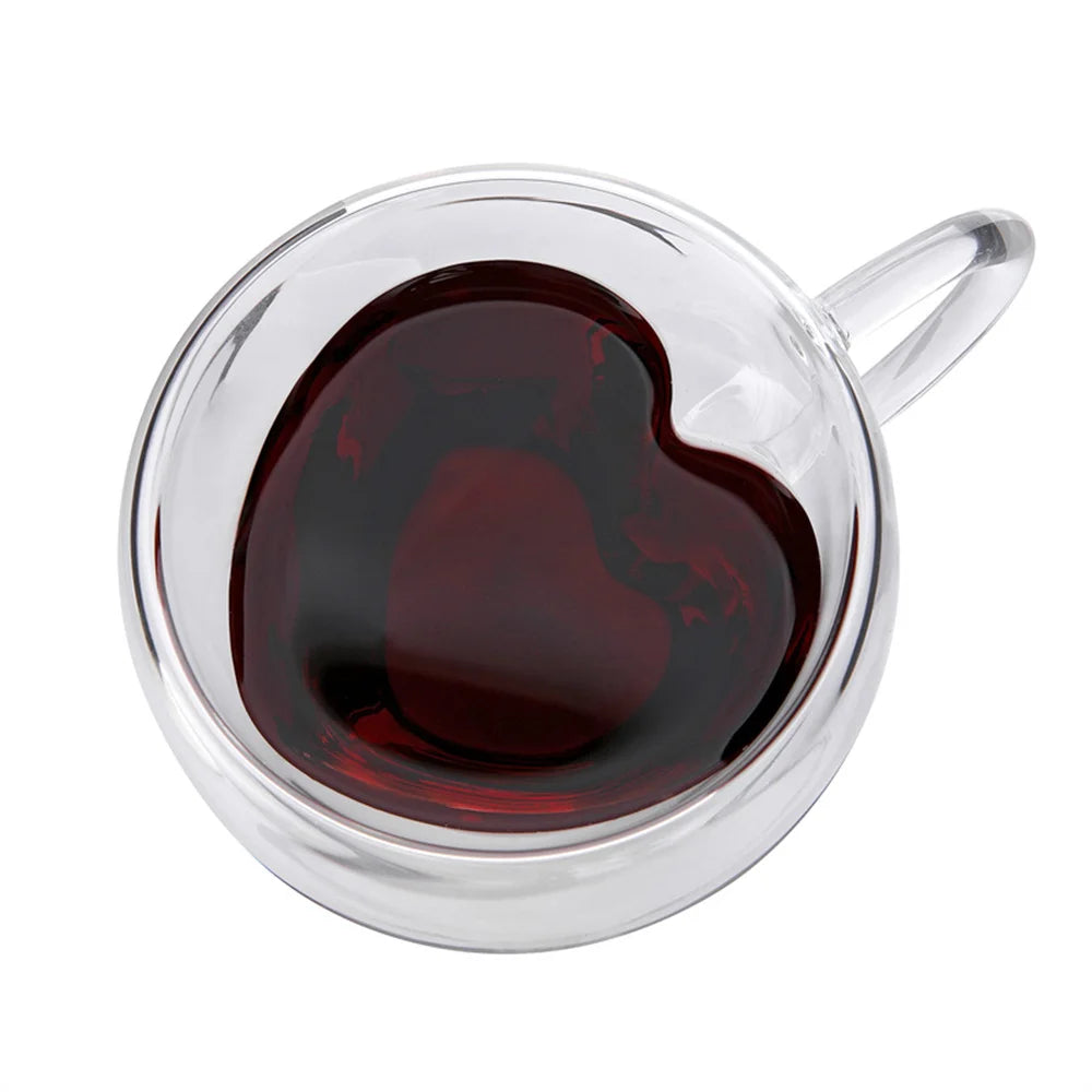 1/2pcs Heart Cup Couple Cup Double Layer Glass Insulated Clear Tea Cups with Handle for Coffee,Cappuccino, Latte, Milk Drinkware