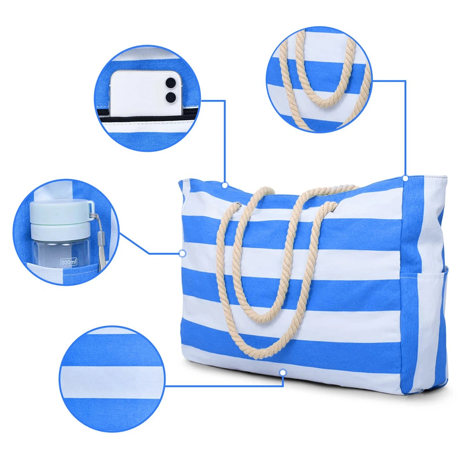 Bohemian Zipper Striped Shoulder Bags Large Capacity Canvas Outdoor Travel Tote Storage Women Camping Swim Pool Beach Bag