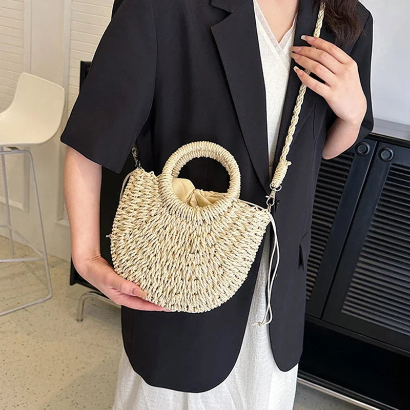 Handwoven Straw Rattan Half-Moon Beach Handbag Large Capacity Women Summer Hollow Out Crossbody Shoulder Bag  crossbody bags