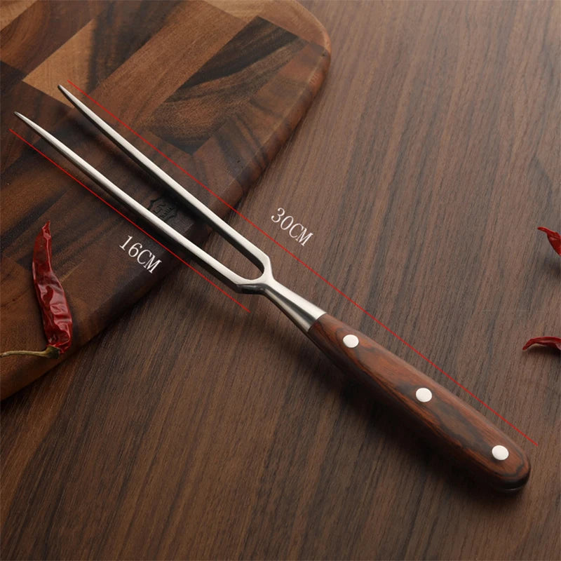 Stainless Steel Portable Outdoor BBQ Barbecue Tool with Wooden Handle, Food Meat Fork