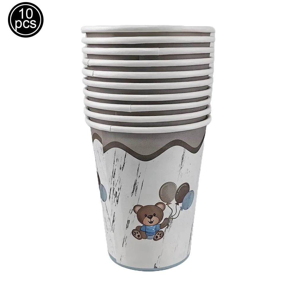 Blue Brown Bear Theme Party Decoration 7"/9"Plate Napkin Cup  DisposableTableware for Baby Shower Bear Theme Birthday Decoration