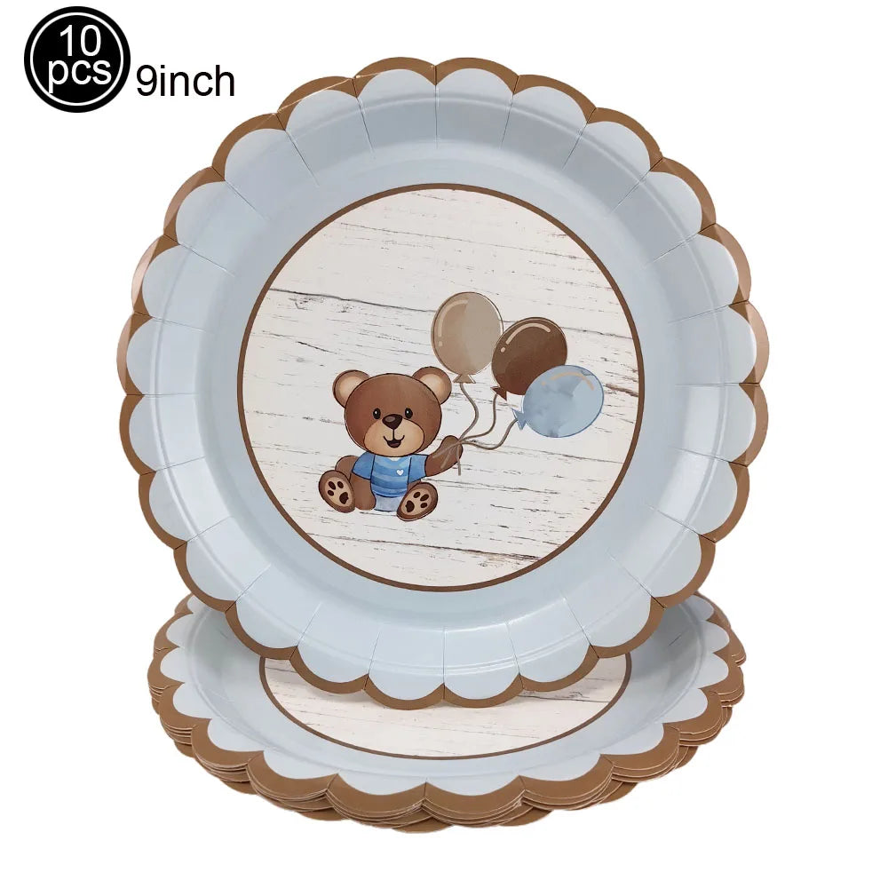 Blue Brown Bear Theme Party Decoration 7"/9"Plate Napkin Cup  DisposableTableware for Baby Shower Bear Theme Birthday Decoration