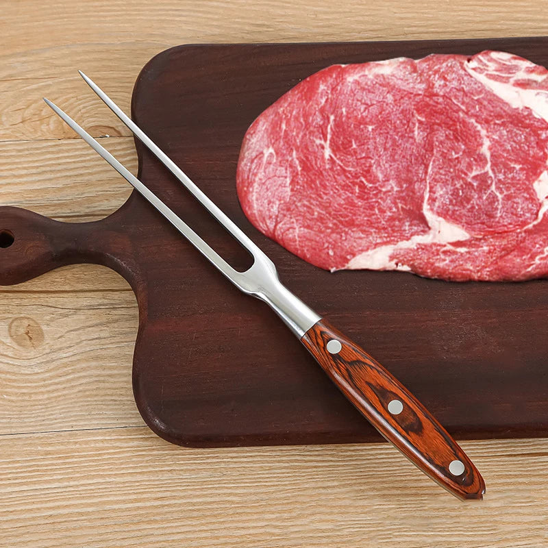 Stainless Steel Portable Outdoor BBQ Barbecue Tool with Wooden Handle, Food Meat Fork