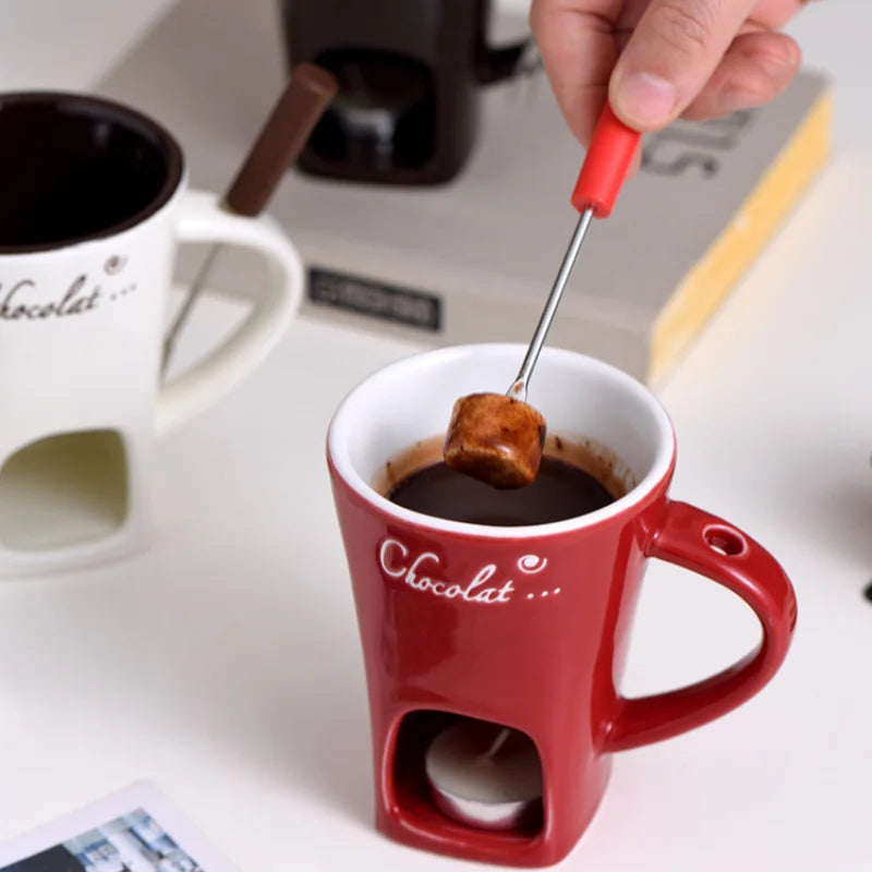 130ml Chocolate Fondue Cup European Candle Cup Ceramic Mug Heating Food Cheese Creative Coffee Mug With Fork Christmas Party