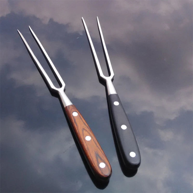 Stainless Steel Portable Outdoor BBQ Barbecue Tool with Wooden Handle, Food Meat Fork