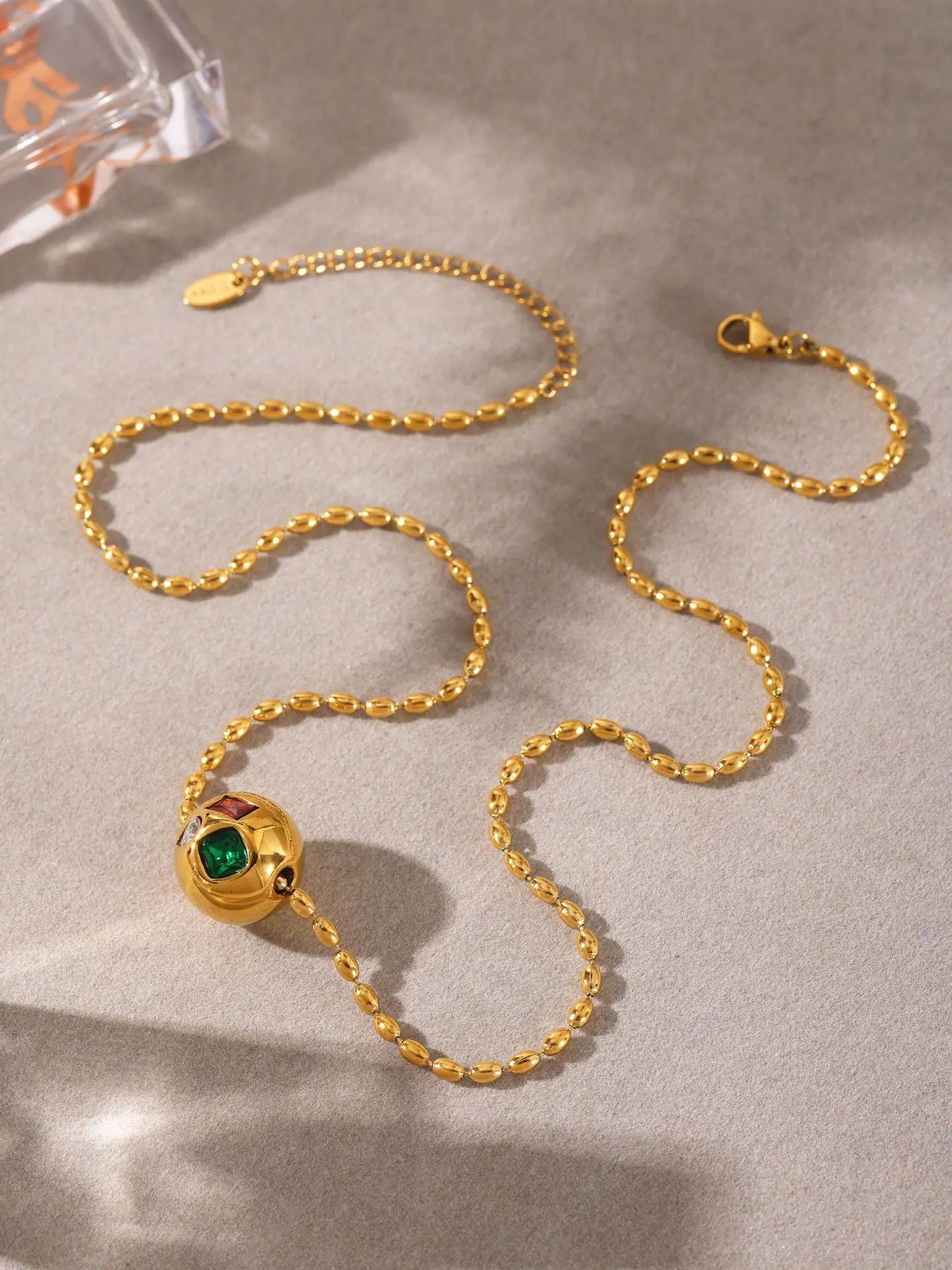 Shiny Red Green Zircon Necklace Womens Stainless Steel Gold Plated Beaded Chain Ball Pendant Necklace Female Luxury Jewellery