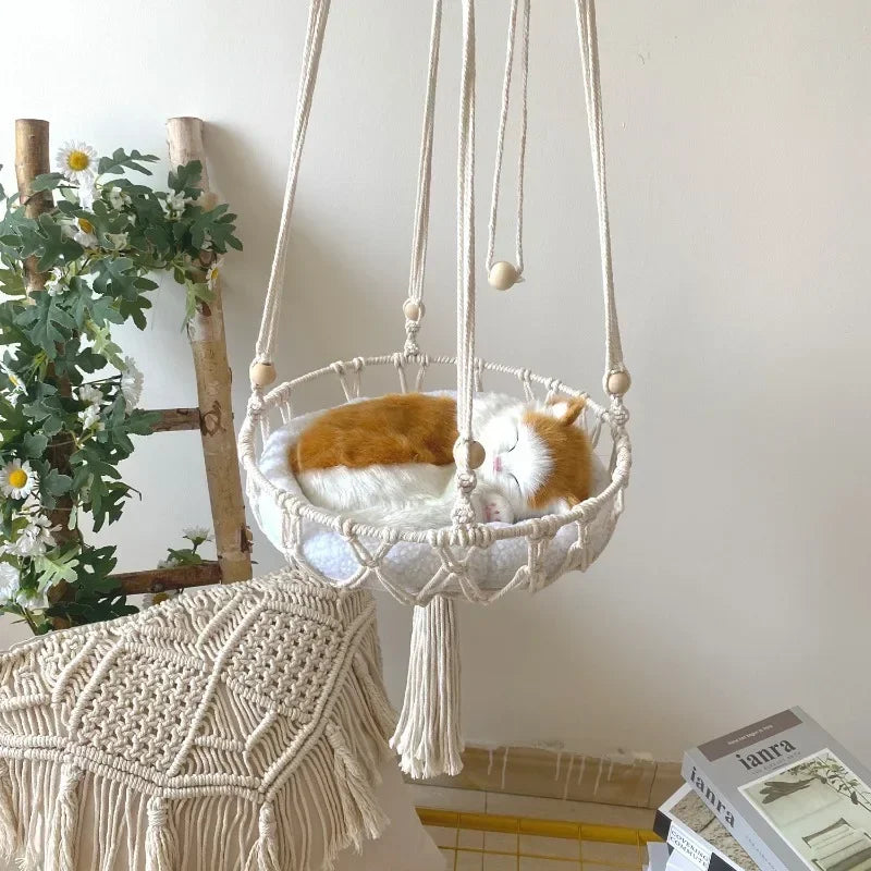 New Pet Hammock Cat Swing Hand Woven Cotton Rope Hanging Basket for Indoor Cats Kitten Cozy Nest Pets Supplies