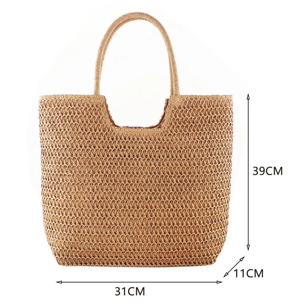 Women Straw Tote Handbag Large Capacity Crochet Beach Handbag Zipper Closure Retro Straw Handbag Ladies Summer Daily Bag