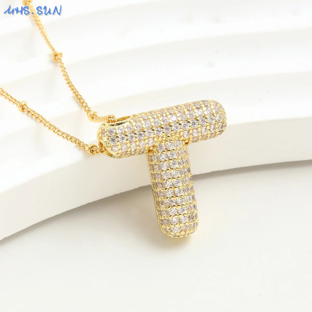 MHS.SUN Gold Plated Balloon 26 Letter Necklaces Copper Zircon Bubble Initial Pendant Chunky Women Personality Chain Jewelry