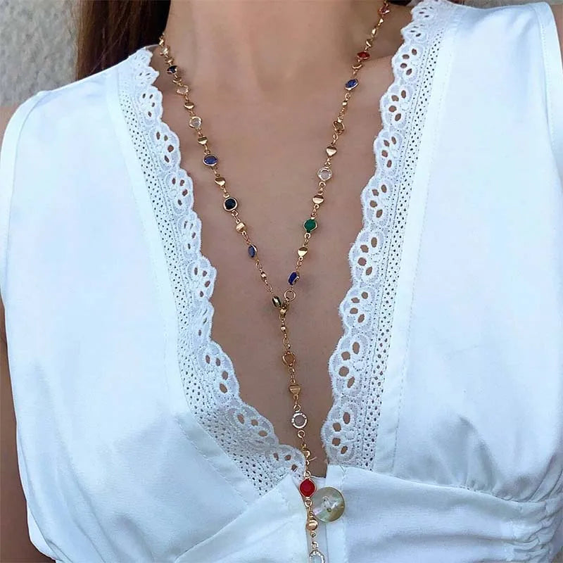 Fashion Sweater Chain Long Y-shaped Necklace for Women Simple Metal Gold Color Heart Crystal Clavicle Necklace Y2K Party Jewelry