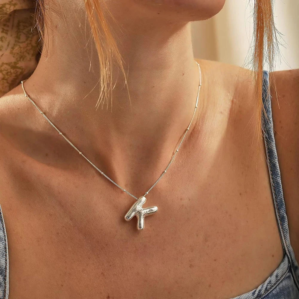Delicate Chunky Alphabet Balloon Bubble Initial Letter Pendant Necklace for Women Men Stainless Steel Gold Plated Necklaces