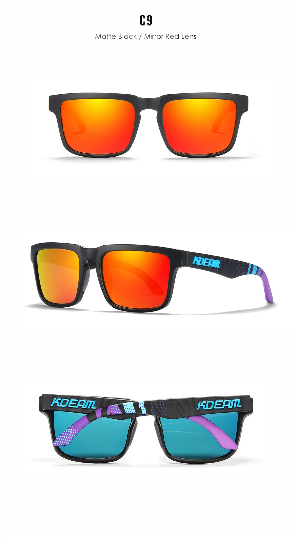 New KDEAM Brand High Quality Men Square Sunglasses Colors Sports Polarized Sun Glasses Reflective Coating Mirrored Lens UV400