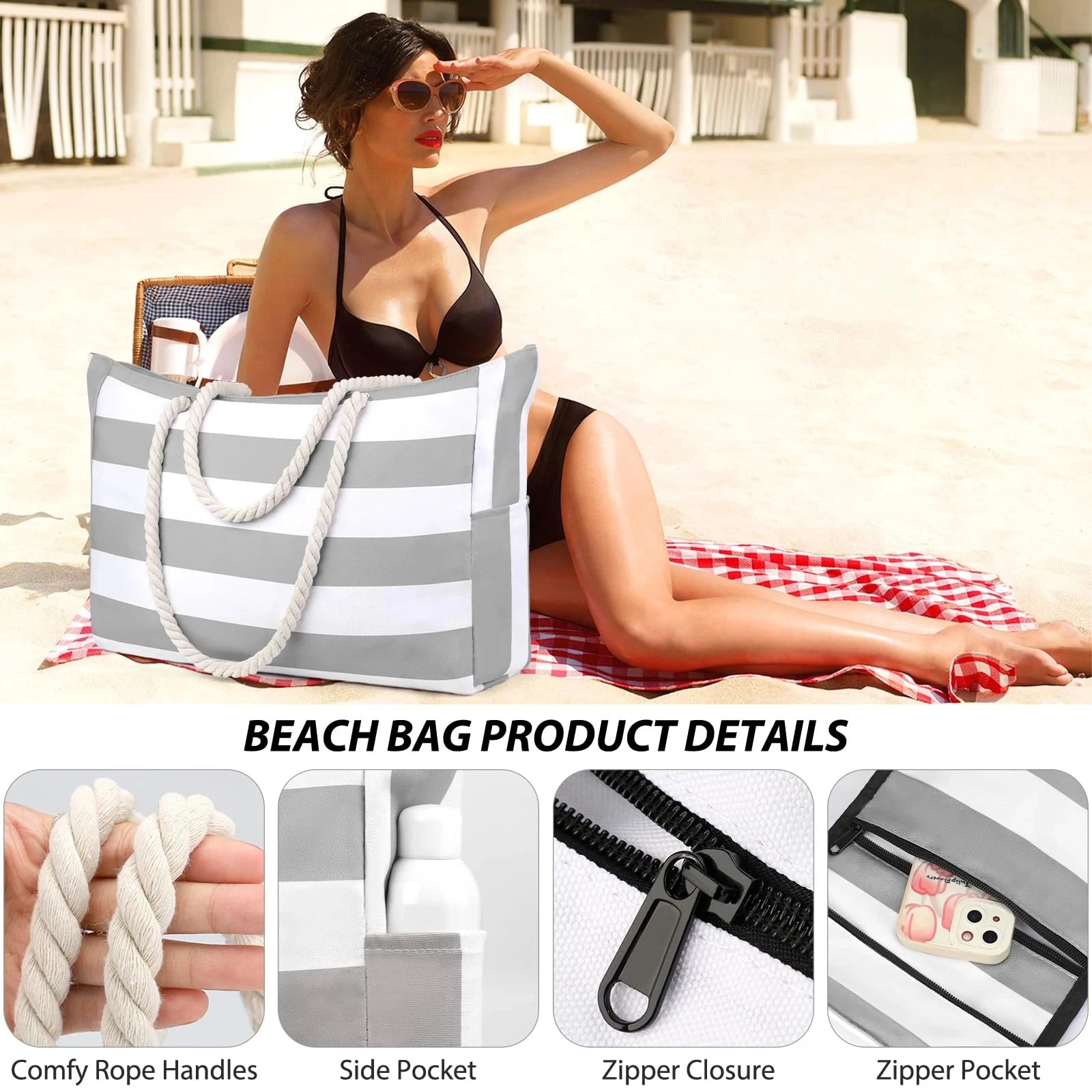 Bohemian Zipper Striped Shoulder Bags Large Capacity Canvas Outdoor Travel Tote Storage Women Camping Swim Pool Beach Bag