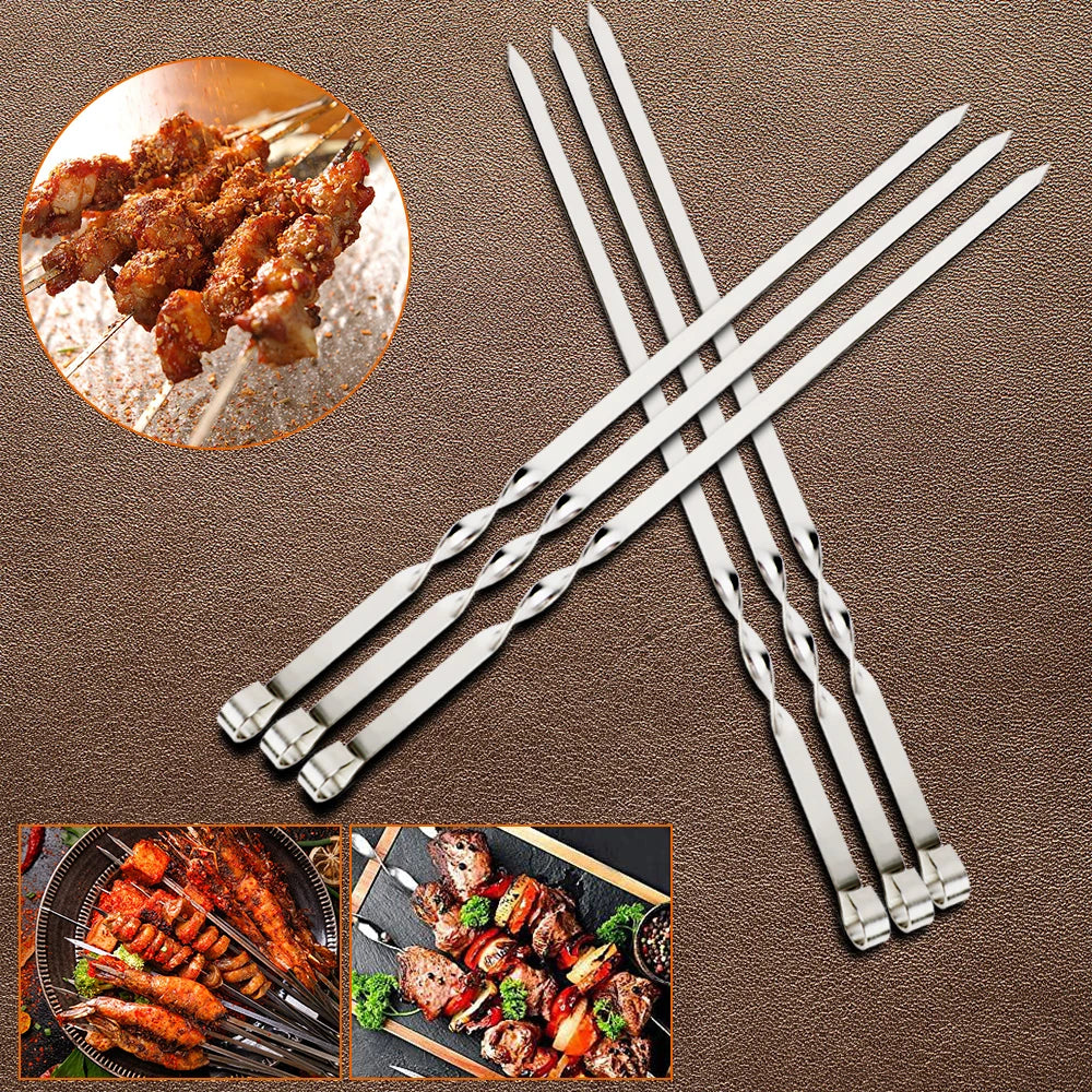 Stainless Steel Barbecue Skewer 6Pcs Wide BBQ Sticks Flat BBQ Fork Outdoor Camping Picnic BBQ Utensil Kitchen Accessories