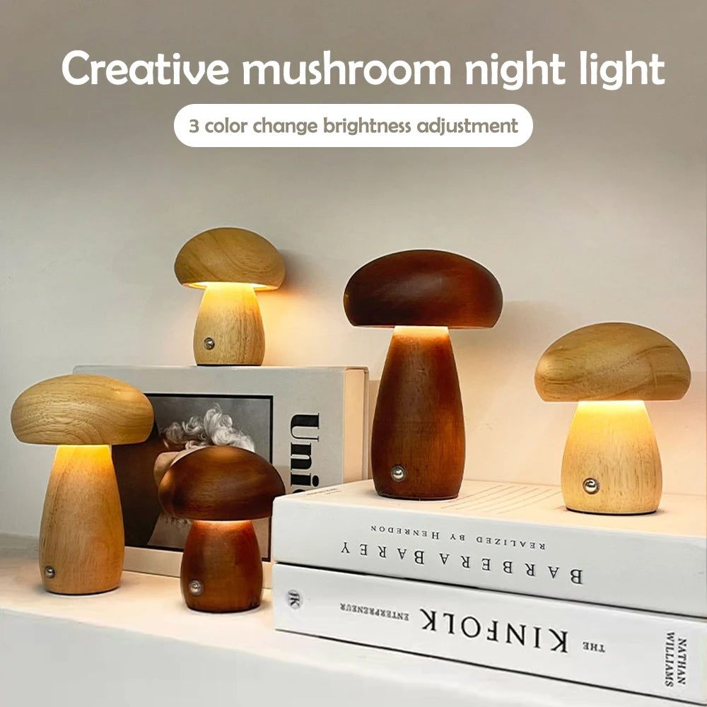INS Wooden Creative Mushroom Night Light Stepless Dimming Bedside Table Lamp 3 Color Rechargeable Sleeping Nightlights For Room