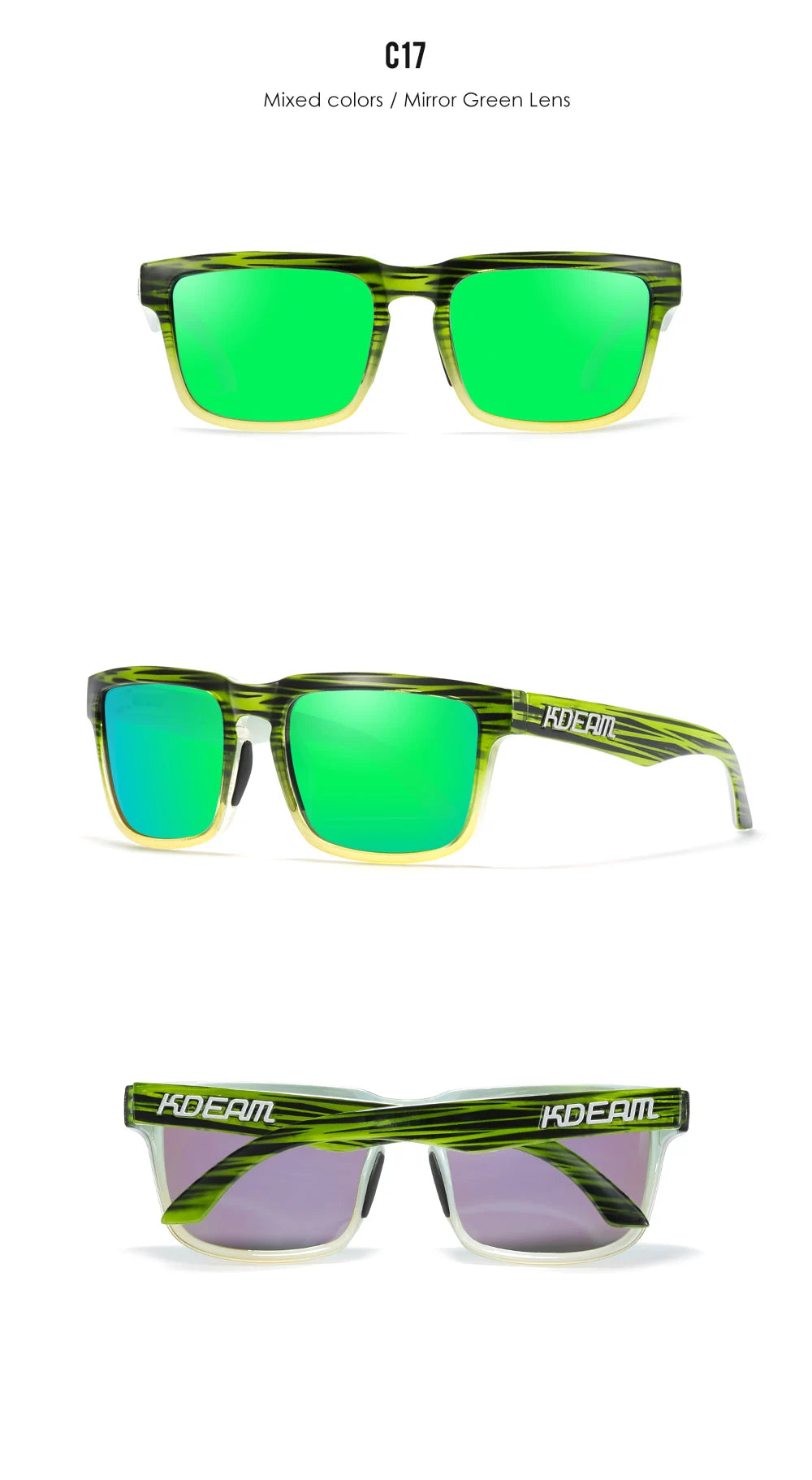 New KDEAM Brand High Quality Men Square Sunglasses Colors Sports Polarized Sun Glasses Reflective Coating Mirrored Lens UV400