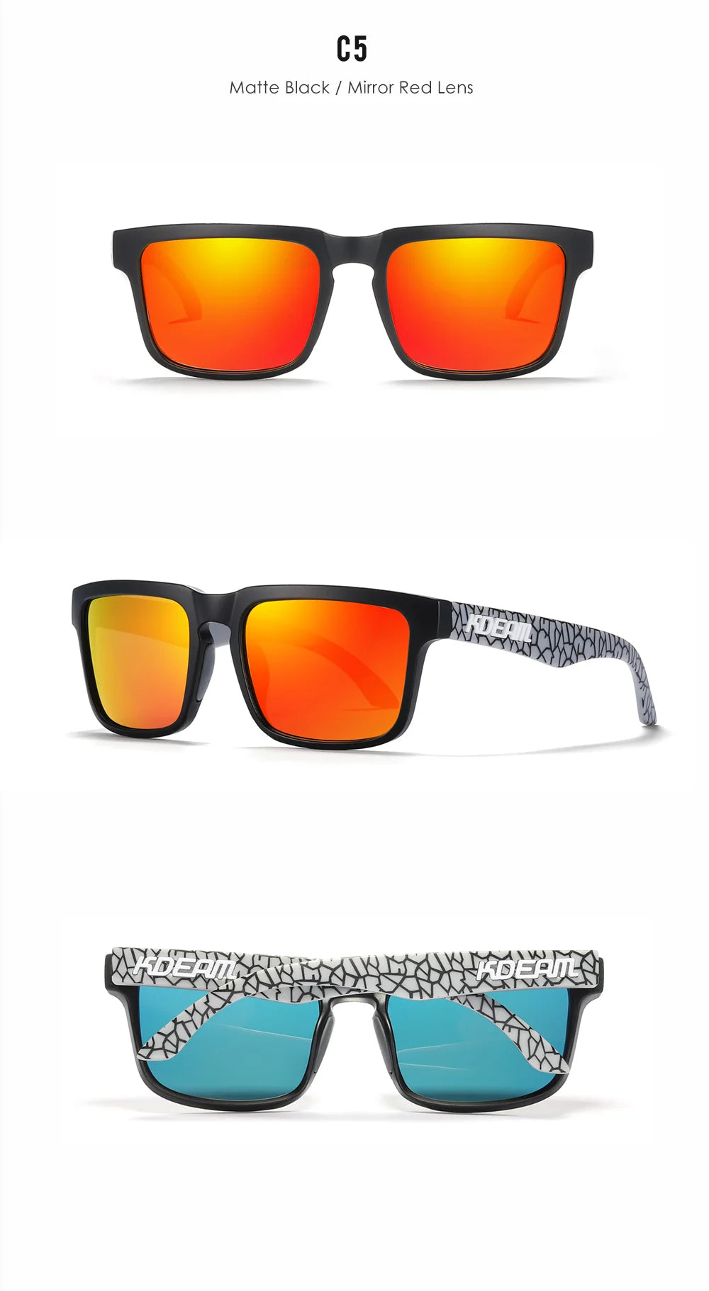 New KDEAM Brand High Quality Men Square Sunglasses Colors Sports Polarized Sun Glasses Reflective Coating Mirrored Lens UV400