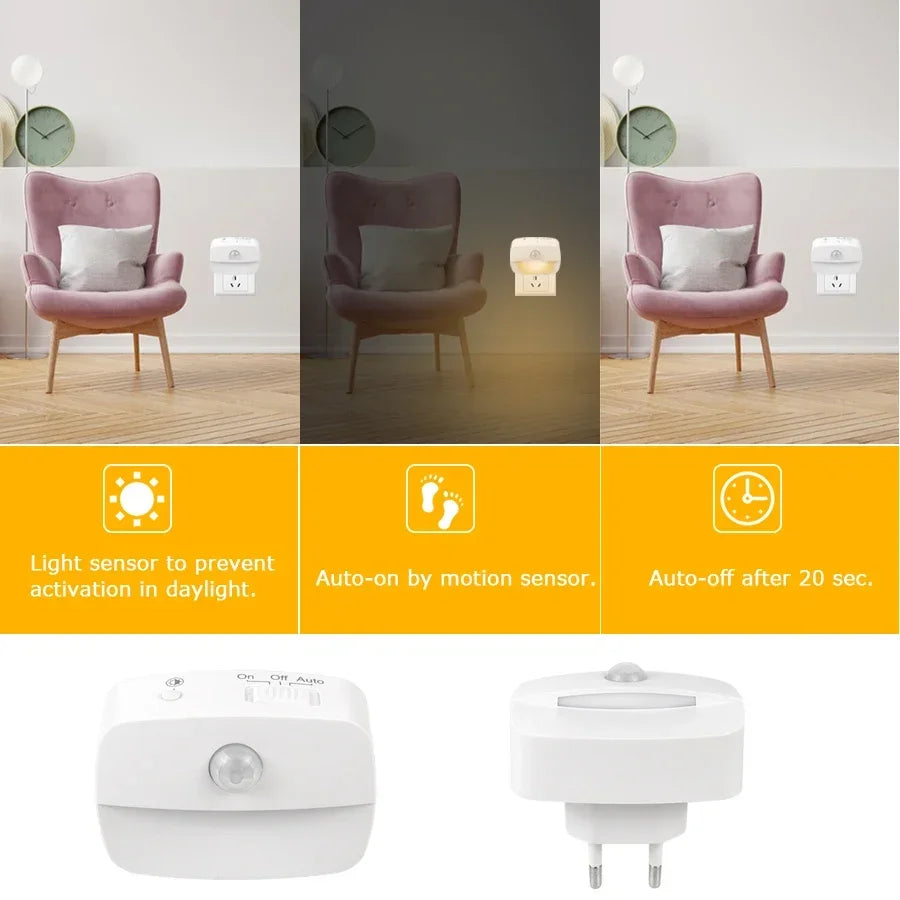 Plug in Night Light with Motion Sensor and Dusk to Dawn Sensor Mini LED Nightlight Adjustable Brightness for Bathroom Hallway