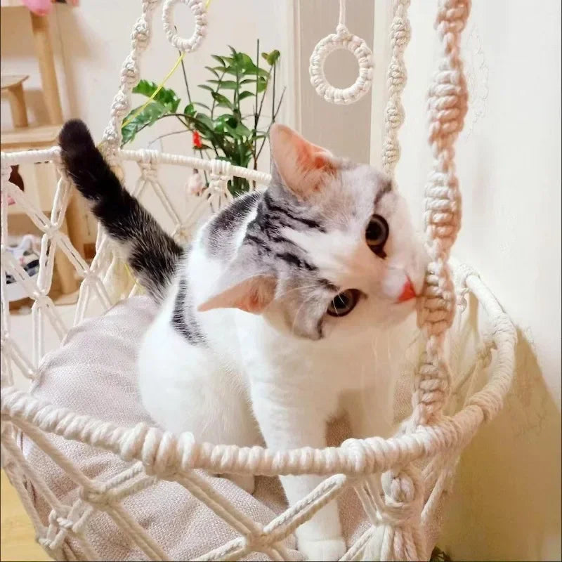 New Pet Hammock Cat Swing Hand Woven Cotton Rope Hanging Basket for Indoor Cats Kitten Cozy Nest Pets Supplies