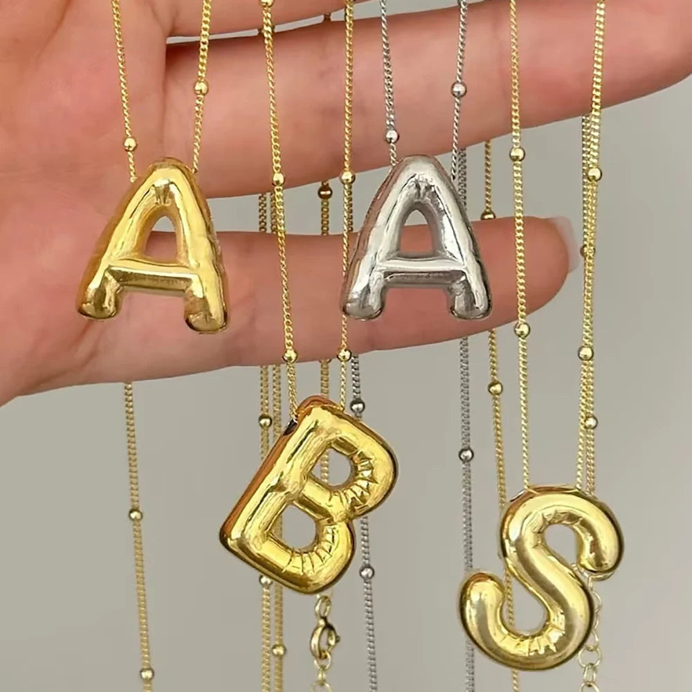 Delicate Chunky Alphabet Balloon Bubble Initial Letter Pendant Necklace for Women Men Stainless Steel Gold Plated Necklaces