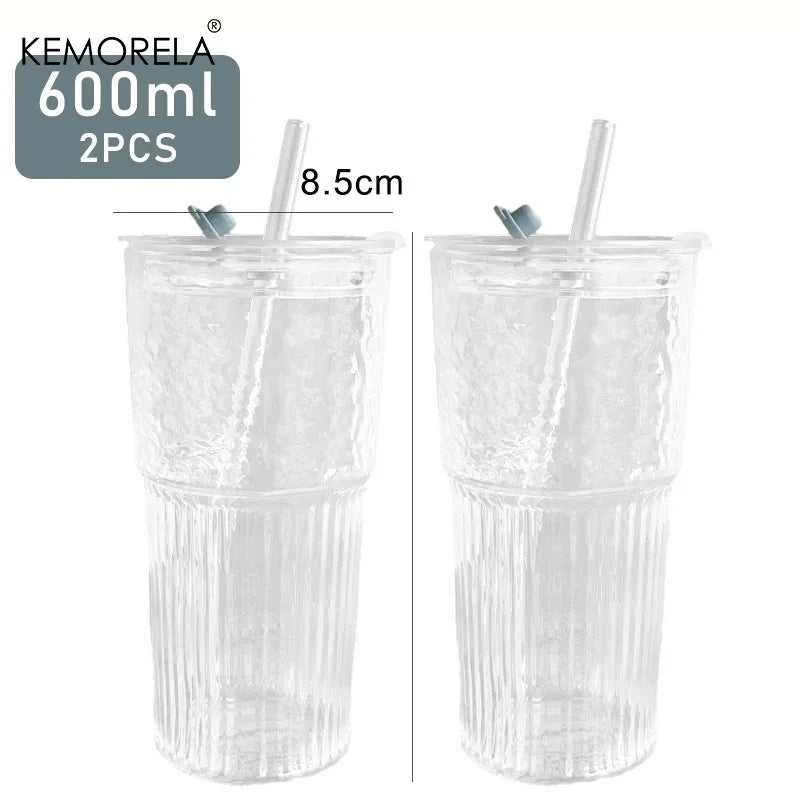 1/2PCS 600ml Stripe Glass Cup with Lid and Straw Transparent Drinking Glasses for Juice Water and Iced Coffee Cups Drinkware Mug
