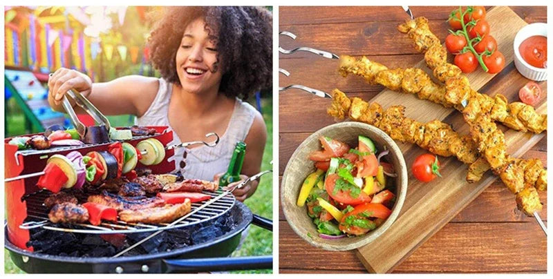 10 PCS/Set Stainless Steel Wire BBQ Skewers Wood Handle Grill Roasting Sticks Outdoor Camping BBQ Tools Storage Bag Kit