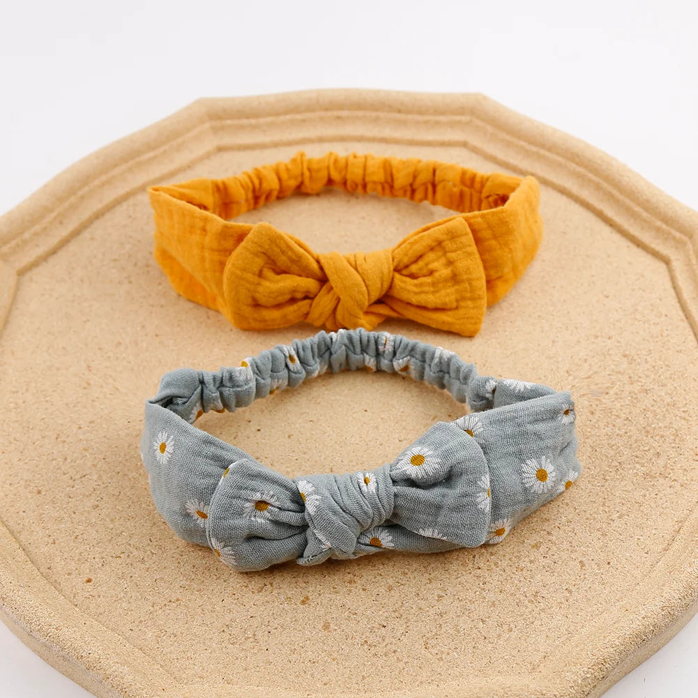 5Pcs/Set Solid Muslin Cotton Linen Baby Headband Elastic Rabbit Ear Hair Band Infant Girl Turban Headwraps Stretch Accessories