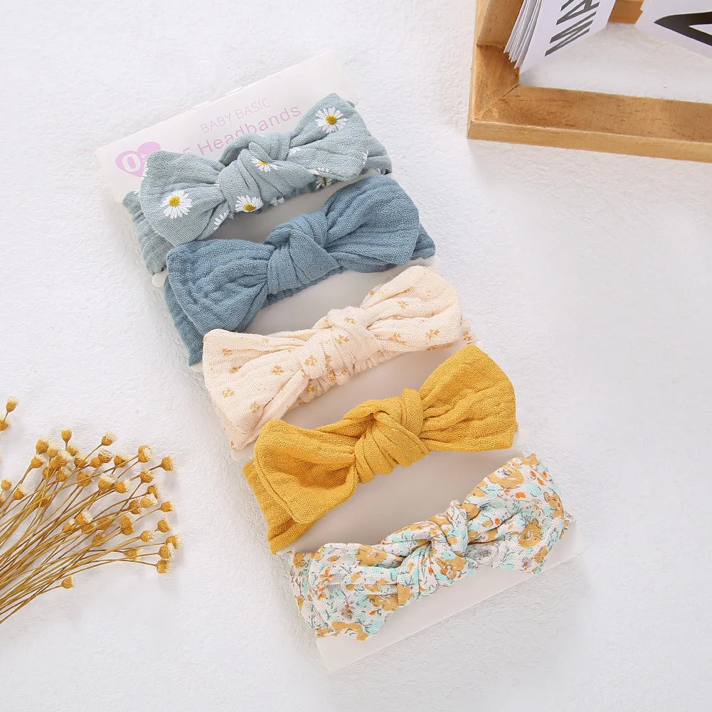 5Pcs/Set Solid Muslin Cotton Linen Baby Headband Elastic Rabbit Ear Hair Band Infant Girl Turban Headwraps Stretch Accessories