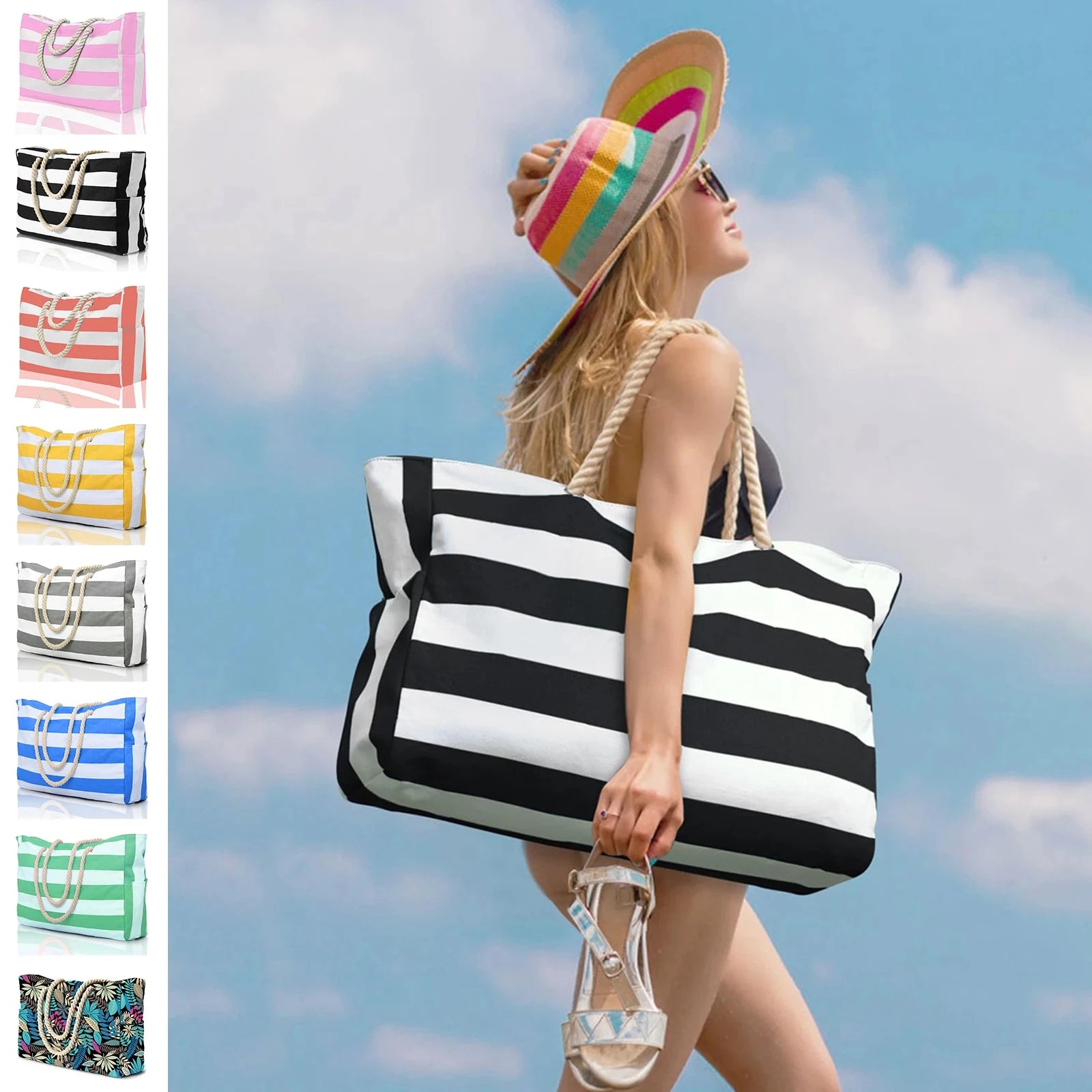 Bohemian Zipper Striped Shoulder Bags Large Capacity Canvas Outdoor Travel Tote Storage Women Camping Swim Pool Beach Bag