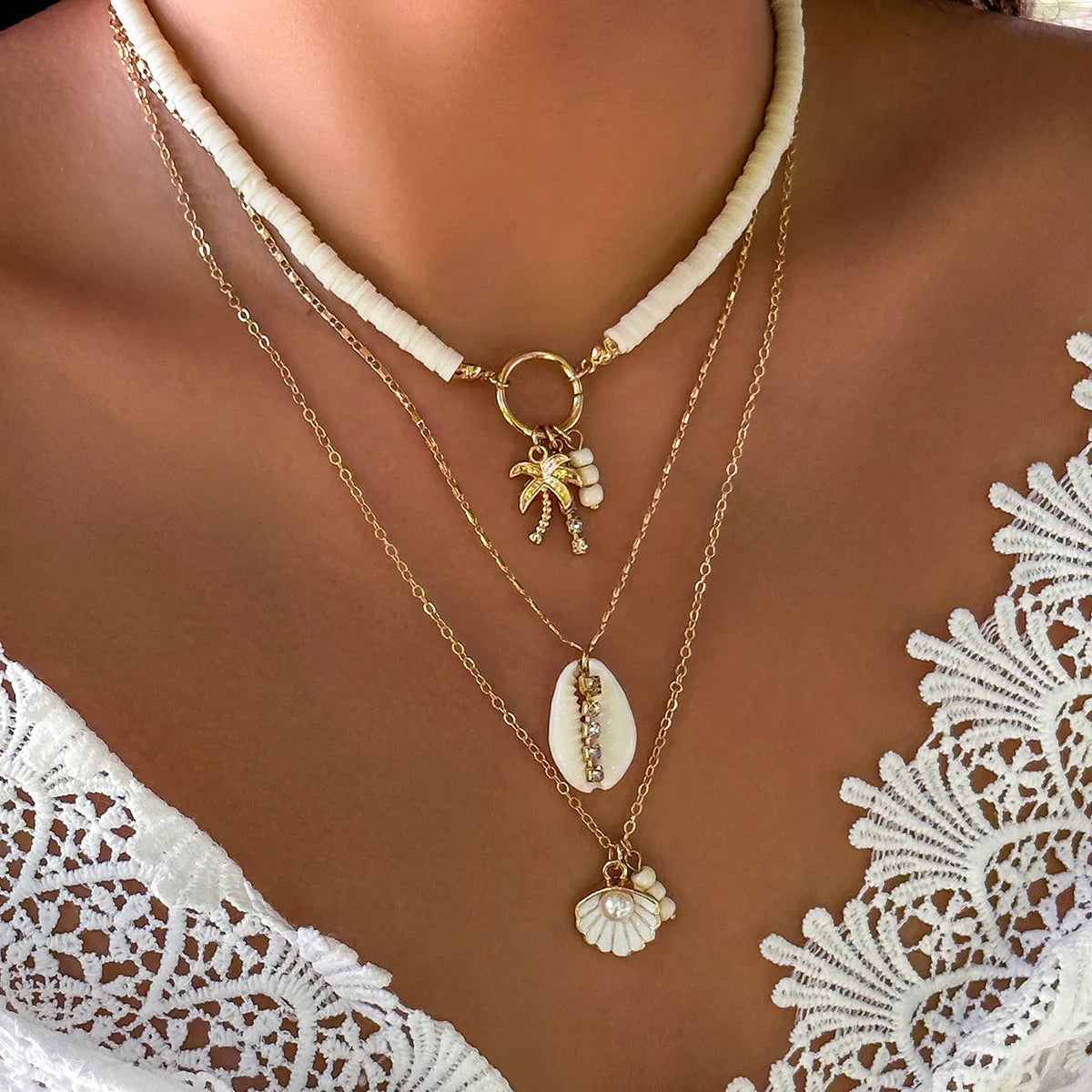 Boho Shell Starfish Shape Pendant Necklace for Women Imitation Pearl Layered Chain Necklace Summer Beach Neck Jewelry
