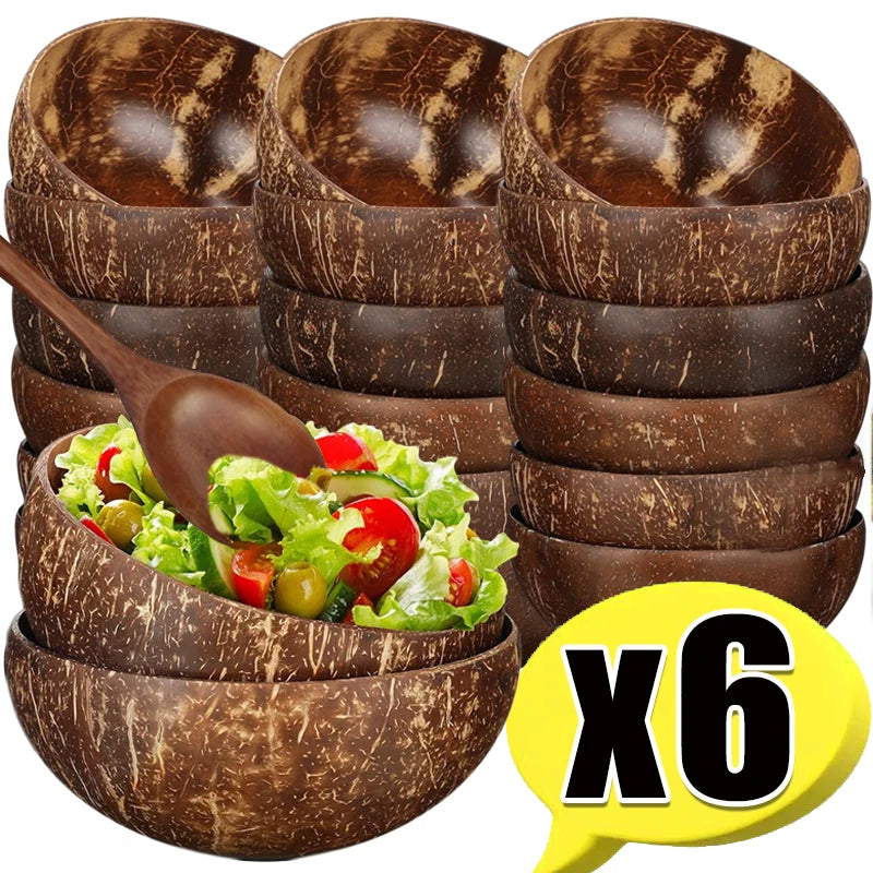 Wholesale Natural Coconut Bowls For Serving Dishes Salad Oatmeal Yogurt Reusable Wooden Coconut Shell Bowl Kitchen Tableware Set