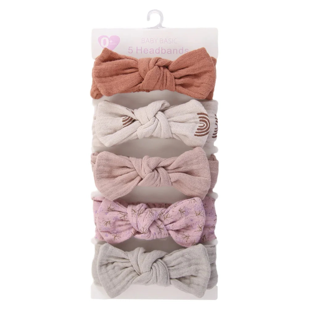 5Pcs/Set Solid Muslin Cotton Linen Baby Headband Elastic Rabbit Ear Hair Band Infant Girl Turban Headwraps Stretch Accessories