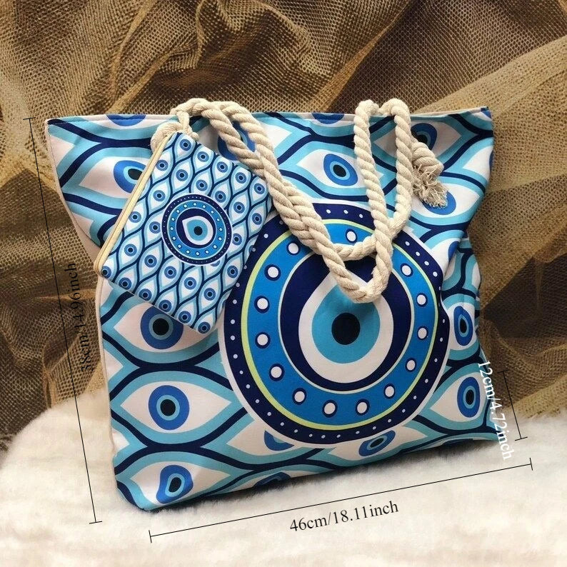 1pcs Evil Eye Women's Beach Bag Polyester Large Capacity Tote Shoulder Bag Customizable Logo Seaside Travel Bag