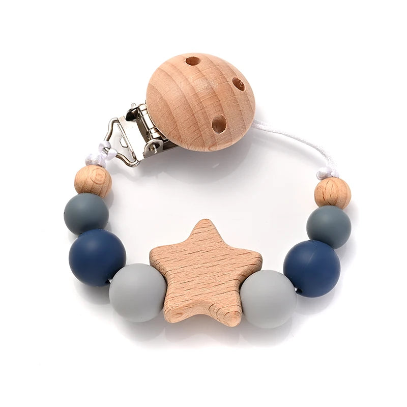 New Baby Pacifier Chain Clips Wood Pentagram Teether Silicone Round Beads Teething Chain For Care Soother Chew Toys Shower Gift