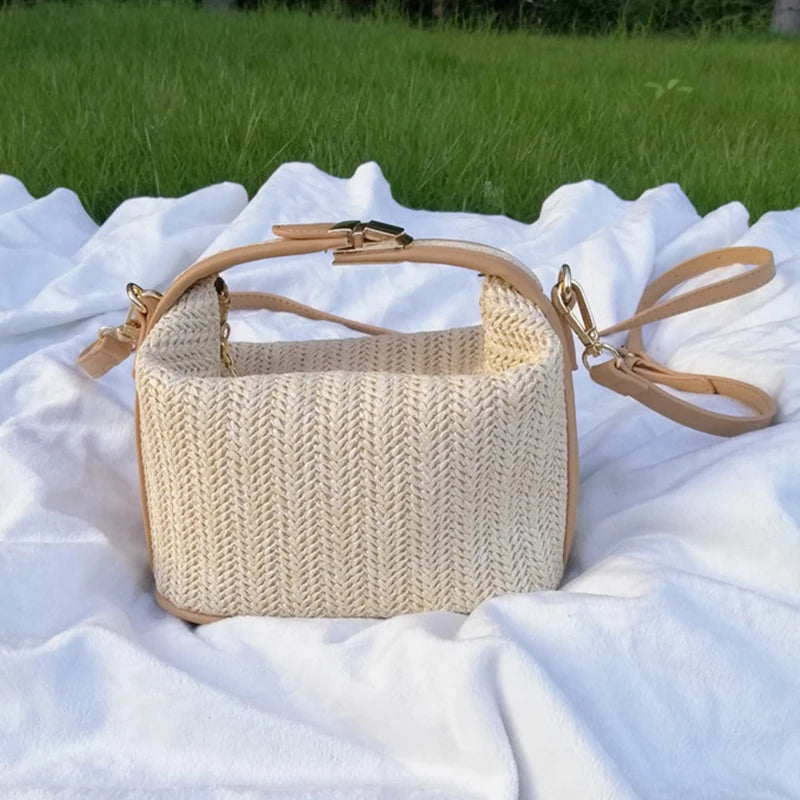 Yogodlns Summer Small Straw Handbag Trendy Shoulder Bag Woven Bucket Crossbody Bag Casual Seaside Beach Bag Gilrs Handle Tote