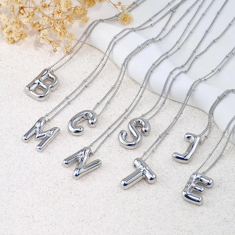 Delicate Chunky Alphabet Balloon Bubble Initial Letter Pendant Necklace for Women Men Stainless Steel Gold Plated Necklaces