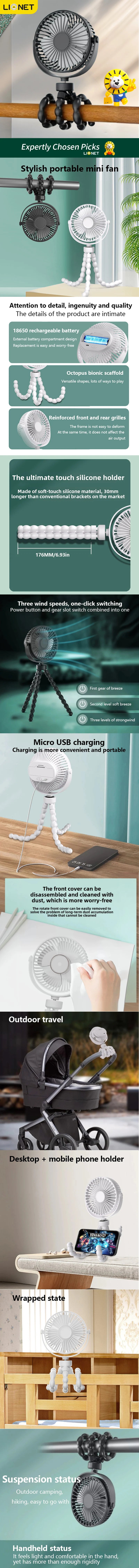 Fan for Cart Stroller Fans Multi Functional Student Baby USB 3 Speeds Rechargeable Lithium Battery Octopus Mini Fan