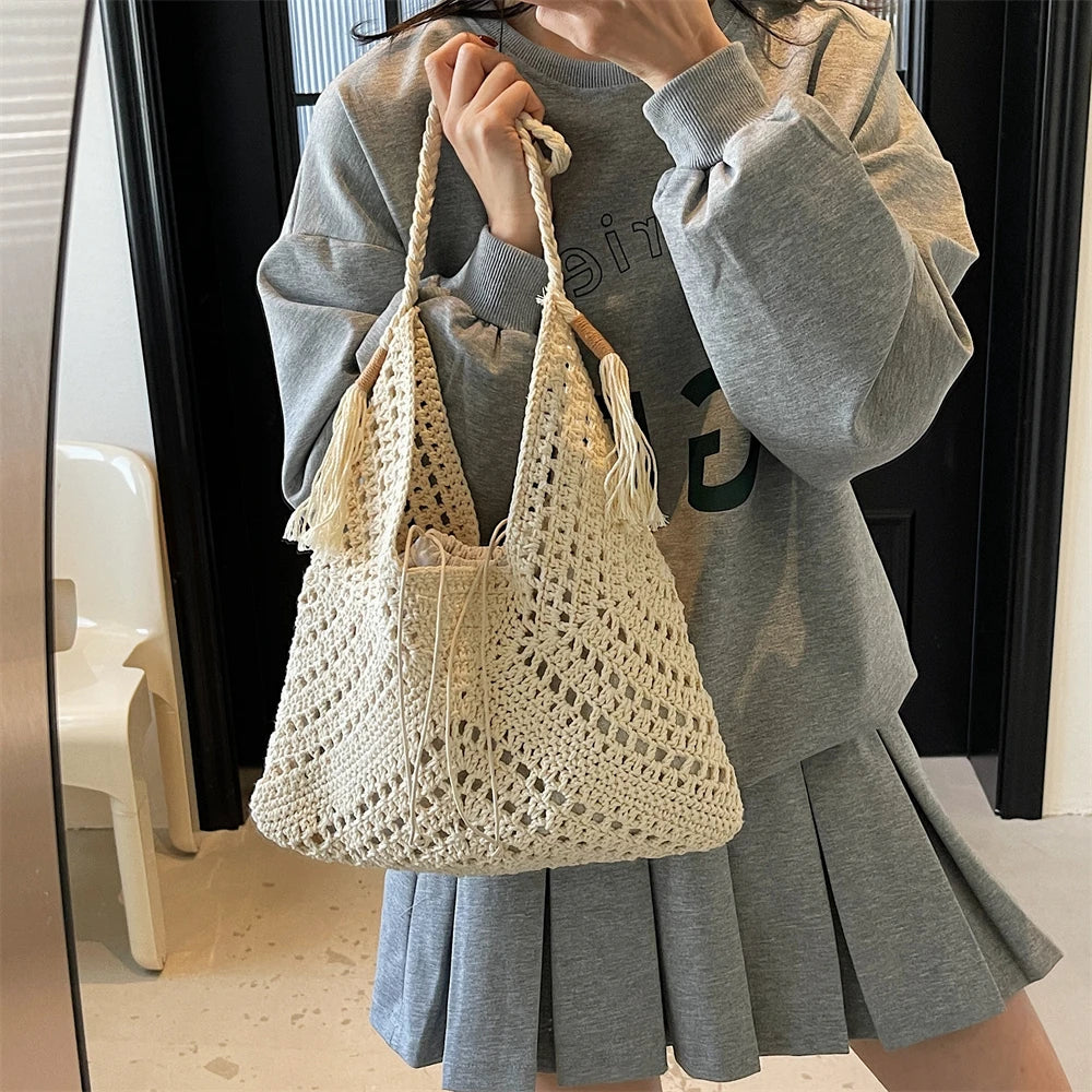 Crochet 2-IN-1 Shoulder Bag Set For Women Raffia Boho Rattan Summer Beach Vacation Tote Bags Knitted Design Handbags Female 2025