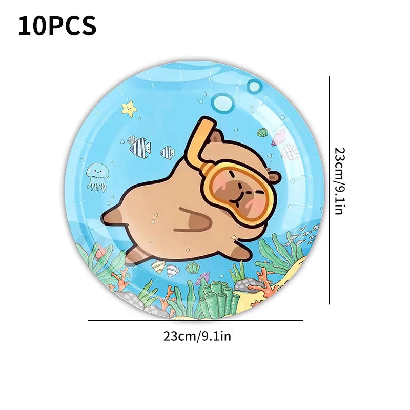 Capybara Theme Disposable Tableware Set Cartoon Capybara Tablecloth Cups Plates Napkin Happy Birthday Banner Kids Party Supplies
