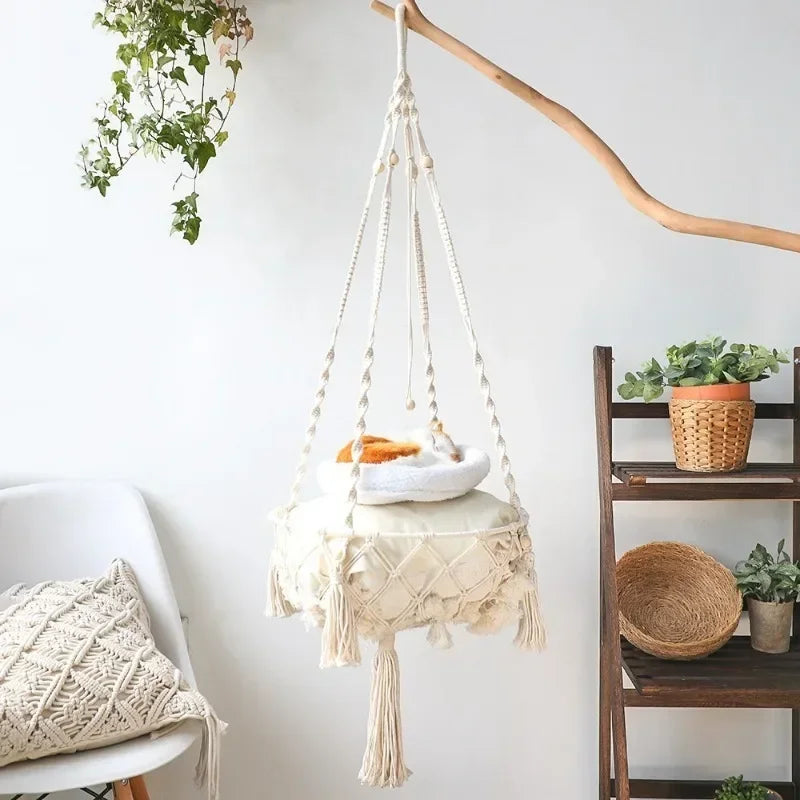 New Pet Hammock Cat Swing Hand Woven Cotton Rope Hanging Basket for Indoor Cats Kitten Cozy Nest Pets Supplies