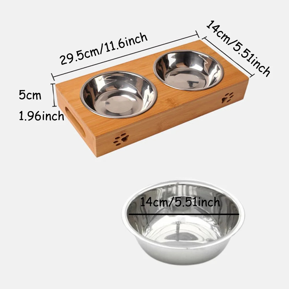 Customized Personalized Bamboo Wood Dining Table Pet Double Bowl Cat Dog Stainless Steel Food Bowl Anti Knockover Pet Supplies