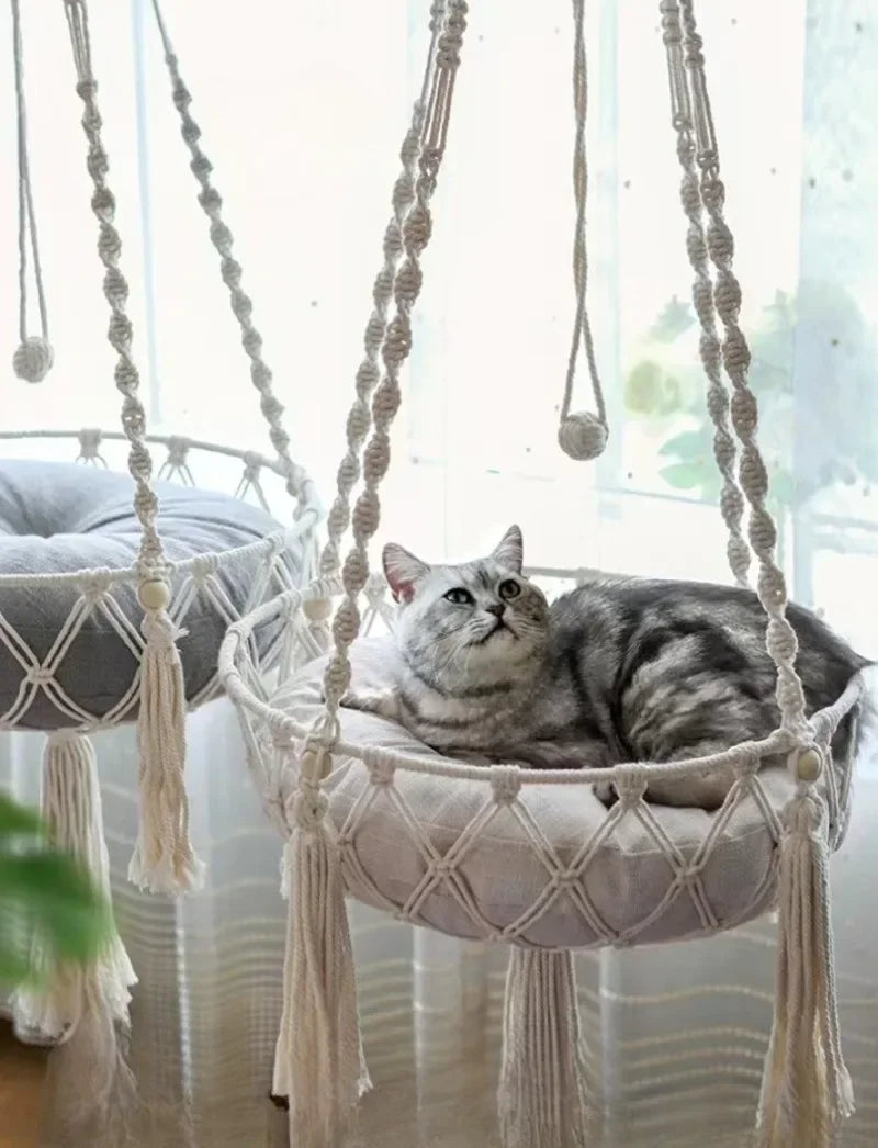 New Pet Hammock Cat Swing Hand Woven Cotton Rope Hanging Basket for Indoor Cats Kitten Cozy Nest Pets Supplies