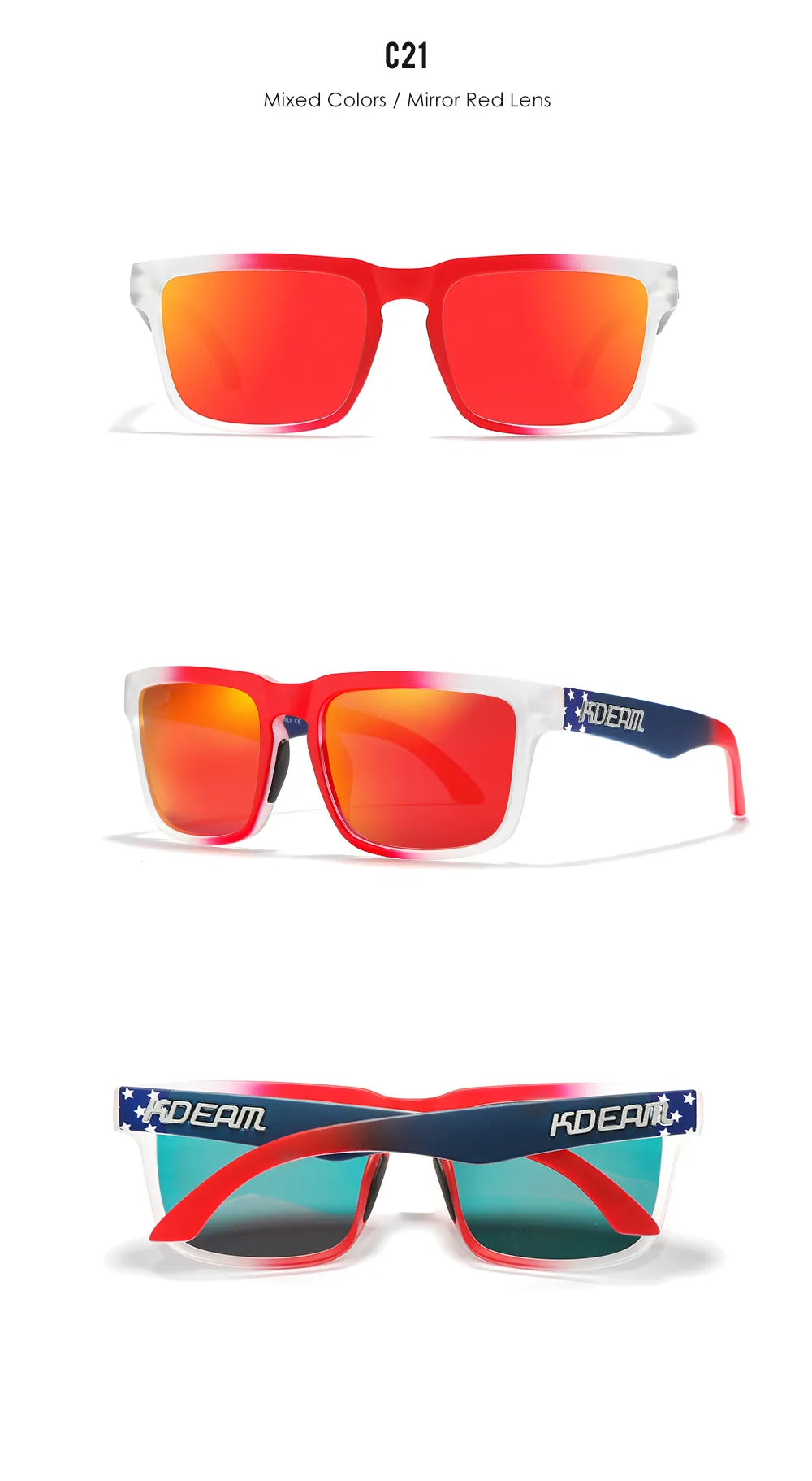 New KDEAM Brand High Quality Men Square Sunglasses Colors Sports Polarized Sun Glasses Reflective Coating Mirrored Lens UV400